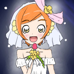 Rule 34 | 1girl, artist name, artist request, back bow, bare shoulders, bow, breasts, cherry blossoms, choker, cleavage, collarbone, dress, earrings, eisuta (eighth stars2), female focus, flower, gloves, green eyes, hair between eyes, hair flower, hair ornament, holding, holding microphone, hoshizora rin, jewelry, looking at viewer, love live!, love live! school idol festival, love live! school idol project, love wing bell, microphone, orange flower, orange hair, parted lips, pink bow, pom pom (clothes), pom pom hair ornament, short dress, short hair, sleeveless, sleeveless dress, smile, solo, strapless, strapless dress, upper body, veil, white choker, white dress, white gloves, white veil, yellow eyes, yellow flower