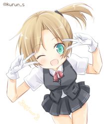 Rule 34 | 10s, 1girl, ;d, aqua eyes, black skirt, black vest, blonde hair, buttons, double v, dutch angle, gloves, kantai collection, kurun (kurun777), looking at viewer, maikaze (kancolle), one eye closed, one side up, open mouth, shirt, short hair, short sleeves, simple background, skirt, smile, solo, standing, thigh gap, v, vest, white background, white shirt