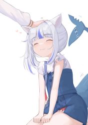 Rule 34 | 2girls, :3, ^ ^, absurdres, animal ears, blouse, blue skirt, blue vest, buttons, cat ears, closed eyes, cube hair ornament, fins, fish tail, gawr gura, gawr gura (casual), hair ornament, hands on thighs, headpat, heart, highres, hololive, hololive english, klaius, kneeling, motion lines, multiple girls, official alternate costume, out of frame, shark tail, shirt, side ponytail, sidelocks, skirt, solo focus, stitches, strap, tail, tail wagging, vest, virtual youtuber, watson amelia, white hair, white shirt