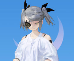 Rule 34 | 1girl, blue background, charles (106858), crescent moon, eyepatch, female focus, highres, lips, moon, original, silver hair, solo, twintails, yellow eyes