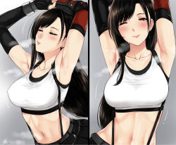 Rule 34 | 1girl, 2koma, ;), arm warmers, armpits, arms up, bad id, bad pixiv id, bare shoulders, blush, breasts, closed eyes, collarbone, comic, earrings, elbow gloves, final fantasy, final fantasy vii, final fantasy vii remake, fingerless gloves, gloves, highres, jewelry, large breasts, long hair, looking at viewer, midriff, multiple views, navel, one eye closed, skirt, smile, square enix, steam, stretching, suspender skirt, suspenders, sweat, swept bangs, tank top, tifa lockhart, xter