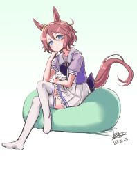 Rule 34 | 1girl, animal ears, bean bag chair, blue eyes, blush, bow, bowtie, brown hair, cat, closed mouth, crossed legs, dated, head rest, highres, horse ears, horse girl, horse tail, kagami (haret46), looking at viewer, narita taishin (umamusume), no shoes, purple shirt, school uniform, shirt, short hair, signature, simple background, sitting, skirt, solo, tail, thighhighs, tracen school uniform, umamusume, white background, white skirt, white thighhighs