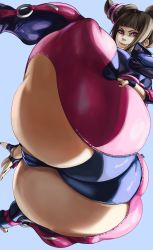 Rule 34 | 1girl, ass, ass focus, biker clothes, black hair, bodysuit, breasts, cameltoe, capcom, cleft of venus, closed mouth, gloves, han juri, highres, huge ass, large breasts, looking away, nail polish, noblood (ryandomonica), panties, purple eyes, shiny skin, short hair, simple background, solo, street fighter, street fighter v, thighs, underwear