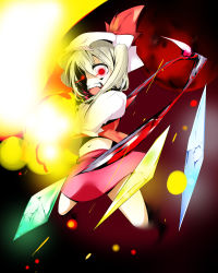 Rule 34 | 1girl, blonde hair, blood, crazy eyes, female focus, flandre scarlet, full moon, hat, hat ribbon, highres, looking at viewer, midriff, mob cap, moon, oouso, open mouth, puffy short sleeves, puffy sleeves, red eyes, red moon, red ribbon, red skirt, ribbon, short sleeves, side ponytail, skirt, skirt set, solo, teeth, touhou, vest, wings