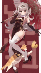 Rule 34 | 1girl, absurdres, azur lane, bare shoulders, breasts, brown footwear, brown gloves, cat, child, china dress, chinese clothes, cleavage, cleavage cutout, clothing cutout, covered navel, dress, elbow gloves, feipin zhanshi, gloves, high heels, highres, holding, holding umbrella, long hair, looking at viewer, manjuu (azur lane), official alternate costume, oil-paper umbrella, orange eyes, pelvic curtain, platinum blonde hair, simple background, sleeveless, sleeveless dress, small breasts, solo, thighhighs, thighs, umbrella, white thighhighs, z46 (azur lane), z46 (jianzhi fantasia) (azur lane)