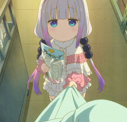 Rule 34 | 10s, 1girl, beads, blue eyes, clothes pull, dragon girl, dress, expressionless, frilled dress, frills, gradient hair, hair beads, hair ornament, highres, holding, holding clothes, holding shirt, interacting with viewer, kanna kamui, kobayashi-san chi no maidragon, looking at viewer, multicolored hair, out of frame, pov, screencap, shirt, shoes, shop, solo focus, stitched, third-party edit, twintails, uwabaki
