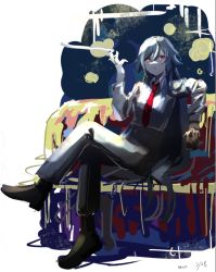 Rule 34 | 1girl, arsum0731, black hair, black pants, brown footwear, cigarette, collared shirt, couch, formal, fu hua, fu hua (herrscher of sentience), full body, holding, holding cigarette, honkai (series), honkai impact 3rd, long hair, long sleeves, looking at viewer, necktie, open mouth, pants, red eyes, red necktie, shirt, shoes, sitting, sketch, smoking, solo, white background, white shirt
