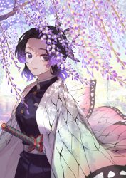 Rule 34 | 1girl, absurdres, animal print, belt, black hair, blush, buckle, bug, butterfly, butterfly hair ornament, butterfly print, buttons, closed mouth, commentary request, dated, eyelashes, flower, gradient hair, hair ornament, hand on hilt, haori, highres, holding, holding sword, holding weapon, insect, japanese clothes, katana, kazuimo15s, kimetsu no yaiba, kochou shinobu, lips, long sleeves, multicolored hair, pocket, purple eyes, purple hair, scabbard, sheath, short hair, sidelocks, simple background, smile, solo, standing, sword, uniform, unsheathing, weapon, white belt, wisteria
