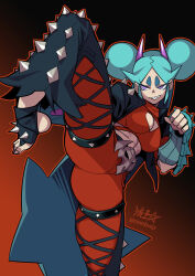 Rule 34 | 1girl, aqua hair, black jacket, breasts, cleavage, cleavage cutout, clothing cutout, commentary, double bun, english commentary, evil grin, evil smile, fighting stance, gradient background, grin, hair bun, highres, horns, jacket, long hair, medium breasts, midriff, original, pants, purple eyes, purple horns, red background, red pants, ryuusei (mark ii), sharp teeth, shrimball (ryuusei (mark ii)), signature, smile, solo, spikes, standing, standing on one leg, teeth, thick eyebrows, toeless footwear, turtleneck, twitter username, vambraces, very long hair