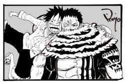 Rule 34 | 2boys, age difference, angry, artist request, black hair, blood, charlotte katakuri, fangs, grabbing, highres, injury, looking at viewer, monkey d. luffy, monochrome, multiple boys, muscular, one piece, scar, serious, short hair, simple background, size difference, smile, standing, tattoo