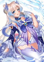 Rule 34 | 1girl, absurdres, artist name, babydoll, bare shoulders, blue bow, blue hair, bow, bow-shaped hair, bowtie, breasts, choker, cleavage, clenched hand, closed mouth, collar, colored tips, cowboy shot, detached collar, detached sleeves, feet, frilled collar, frilled sleeves, frills, genshin impact, gloves, hand up, head wings, highres, katou shinobu, lace-trimmed choker, lace trim, legs, long hair, long sleeves, looking at viewer, medium breasts, multicolored hair, navel, open mouth, pink hair, purple eyes, sangonomiya kokomi, see-through, short shorts, shorts, sidelocks, smile, solo, standing, stomach, thighhighs, thighs, two-tone hair, vision (genshin impact), water, white background, white gloves, white shorts, white thighhighs, wide sleeves, wings