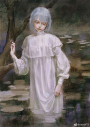 Rule 34 | 1girl, absurdres, blue hair, closed mouth, dress, faux traditional media, half-closed eyes, hand up, highres, light blue hair, lily pad, long sleeves, looking down, original, outdoors, realistic, short hair, skirt hold, solo, standing, tree, wading, weibo logo, weibo username, wetland, white dress, yaoy