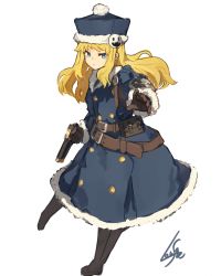 Rule 34 | 1girl, blonde hair, blue eyes, brown gloves, character hair ornament, coat, commentary request, full body, fur-trimmed coat, fur-trimmed headwear, fur trim, gloves, gun, gunner (sekaiju), hair ornament, hat, highres, lansane, long hair, long sleeves, looking at viewer, pom pom (clothes), etrian odyssey, sekaiju no meikyuu 2, signature, simple background, solo, weapon, white background