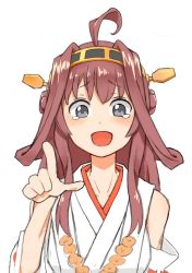 Rule 34 | 10s, 1girl, ahoge, bare shoulders, blue eyes, brown hair, hairband, japanese clothes, kantai collection, kona (garihagemegane), kongou (kancolle), laughing, long hair, nontraditional miko, open mouth, pointing, simple background, smile, solo, tears, white background