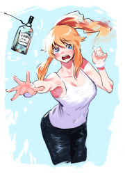 Rule 34 | 1girl, alcohol, andreanof pepesha, bare arms, bare shoulders, black pants, blush, bottle, breasts, bukimi isan, cleavage, collarbone, commentary request, green background, large breasts, long hair, looking at viewer, open mouth, orange hair, outstretched arm, pants, ponytail, shirt, shy (series), simple background, solo, tank top, tearing up, teeth, upper teeth only, vodka, white background, white shirt
