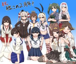Rule 34 | 10s, 6+girls, ahoge, akagi (kancolle), amatsukaze (kancolle), anchor hair ornament, bare shoulders, black hair, blonde hair, blue background, blue skirt, boots, bow, breasts, brown eyes, brown hair, brown skirt, choker, crop top, crossed arms, detached sleeves, double bun, dress, gradient background, hair bow, hair bun, hair ornament, hair ribbon, hair tubes, hairband, hakama, hakama short skirt, hakama skirt, headband, headgear, hiei (kancolle), highres, japanese clothes, kaga (kancolle), kantai collection, kneehighs, kongou (kancolle), large breasts, long hair, long sleeves, looking at viewer, midriff, multiple girls, navel, neckerchief, nontraditional miko, one eye closed, pleated skirt, red skirt, remodel (kantai collection), ribbon, sailor collar, sailor dress, senshiya, shimakaze (kancolle), short dress, short hair, shoukaku (kancolle), side ponytail, silver hair, sitting, skirt, socks, striped clothes, striped legwear, striped thighhighs, tasuki, thigh boots, thighhighs, twintails, two side up, ushio (kancolle), wariza, white legwear, yukikaze (kancolle), zettai ryouiki, zuikaku (kancolle)