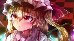 Rule 34 | 1girl, blonde hair, blouse, blurry, blurry background, checkered floor, close-up, collared shirt, commentary request, crystal, flandre scarlet, frilled shirt collar, frills, hair between eyes, hat, hat ribbon, highres, mahoro (minase mahoro), mob cap, multicolored wings, orange eyes, puffy short sleeves, puffy sleeves, red ribbon, ribbon, shirt, short sleeves, solo, touhou, white hat, white shirt, wings