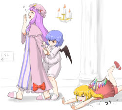 Rule 34 | 3girls, alternate costume, bat wings, blonde hair, blue hair, candlestand, capelet, clothes grab, coat, commentary request, crescent, dress, fang, flandre scarlet, hair ribbon, hat, holding hands, long hair, mob cap, multiple girls, nightgown, nishishi, open clothes, open coat, open mouth, pajamas, patchouli knowledge, pillar, purple hair, red eyes, remilia scarlet, ribbon, scarlet devil mansion, siblings, side ponytail, sign, sisters, sleepy, sleeve grab, slippers, smile, striped clothes, striped dress, touhou, translated, very long hair, wings, yawning