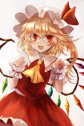 Rule 34 | 1girl, :d, ascot, beige background, blonde hair, blush, claw pose, commentary request, cowboy shot, crystal, fangs, flandre scarlet, frilled shirt collar, frills, hair between eyes, hands up, hat, hat ribbon, highres, looking at viewer, maho moco, mob cap, one side up, open mouth, petticoat, puffy short sleeves, puffy sleeves, red eyes, red ribbon, red skirt, red vest, ribbon, short hair, short sleeves, simple background, skirt, smile, solo, touhou, vest, white hat, wings, wrist cuffs, yellow ascot