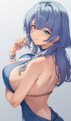 Rule 34 | 1girl, ako (blue archive), ako (dress) (blue archive), amagimei, backless dress, backless outfit, bare arms, bare shoulders, blue archive, blue eyes, blue hair, blush, breasts, closed mouth, dress, from behind, gradient background, grey background, hand up, highres, large breasts, long hair, looking at viewer, looking back, nail polish, official alternate costume, purple nails, simple background, solo, upper body
