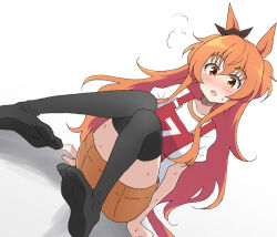 Rule 34 | 1girl, animal ears, black thighhighs, blush, bow, commentary request, ear bow, feet, gym uniform, horse ears, horse girl, horse tail, long hair, looking at viewer, mayano top gun (umamusume), nel-c, no shoes, on ground, open mouth, orange eyes, orange hair, orange shorts, original race uniform (umamusume), race bib, shirt, short sleeves, shorts, simple background, soles, solo, sweat, tail, thighhighs, two side up, umamusume, white background, white shirt