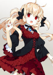 Rule 34 | 1girl, :d, ahoge, black bow, black shirt, blonde hair, bow, breasts, brooch, dress, fang, gradient background, grey background, hair between eyes, hair bow, hand up, highres, jewelry, long hair, looking at viewer, nail polish, open mouth, original, pleated dress, print dress, puffy short sleeves, puffy sleeves, red dress, red nails, shirt, short sleeves, small breasts, smile, solo, standing, two side up, usalxlusa, very long hair, white background