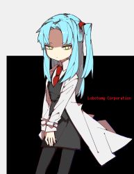Rule 34 | 1girl, angela (project moon), black pantyhose, black skirt, black vest, blue hair, closed mouth, collared shirt, commentary request, copyright name, cowboy shot, flat chest, highres, lab coat, lobotomy corporation, long hair, long sleeves, necktie, no nose, pantyhose, parted bangs, project moon, red necktie, shaded face, shirt, side ponytail, skirt, so happy 64, solo, vest, white shirt, yellow eyes