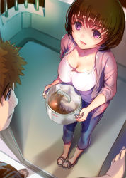 Rule 34 | 1boy, 1girl, :d, blue pants, breasts, camisole, capri pants, cardigan, cleavage, entrance, highres, holding, holding pot, large breasts, mikazuki akira!, open cardigan, open clothes, open mouth, original, pants, pink cardigan, pot, purple eyes, railing, reflection, sandals, smile, spiked hair, white camisole