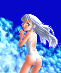 Rule 34 | 1girl, back, blue hair, casual one-piece swimsuit, green eyes, interlocked fingers, looking back, one-piece swimsuit, original, own hands clasped, own hands together, oyamada musshu, solo, swimsuit