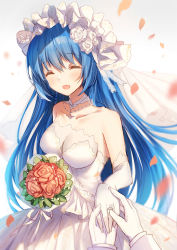 Rule 34 | 1girl, ^ ^, bare shoulders, bison cangshu, blue hair, bouquet, breasts, bridal veil, closed eyes, dress, elbow gloves, closed eyes, flower, gloves, hair flower, hair ornament, jewelry, long hair, medium breasts, necklace, petals, quincy (warship girls r), red flower, red rose, ring, rose, smile, solo focus, veil, warship girls r, wedding dress, white dress, white gloves