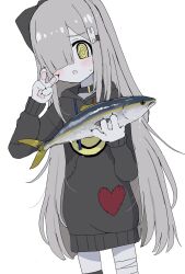 Rule 34 | 1girl, @ @, animal, animal collar, animal hands, bandaged leg, bandages, black bow, black hoodie, blush, bow, claws, collar, dutch angle, fewer digits, fish, fish request, furrowed brow, furry, furry female, grey hair, hair bow, hair ornament, hair over one eye, hands up, highres, holding, holding animal, holding fish, hood, hood down, hoodie, long hair, long sleeves, looking at viewer, no pants, one eye covered, open mouth, original, oyasu miyo (vreparty), pawpads, print hoodie, rabbit hair ornament, simple background, smiley face, solo, standing, stitches, sweat, v, vreparty, white background, yellow eyes