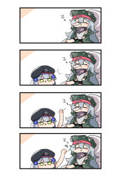 Rule 34 | 2girls, 4koma, :&gt;, :3, bad id, bad pixiv id, beret, black headwear, blush, closed eyes, closed mouth, comic, flat cap, g11 (girls&#039; frontline), girls&#039; frontline, green eyes, green headwear, green jacket, grey tank top, hair between eyes, hair ornament, hat, highres, hk416 (girls&#039; frontline), jacket, long hair, long sleeves, meow nyang, multiple girls, needle, nose bubble, open clothes, open jacket, parted lips, silent comic, silver hair, sleeping, tank top, triangle mouth, very long hair, zzz