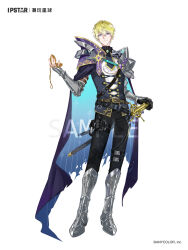 Rule 34 | 1boy, alternate costume, armor, armored boots, belt, black belt, black gloves, black pants, blonde hair, blue cape, blue necktie, blue vest, boots, brooch, buttons, cape, commentary, copyright notice, english commentary, full body, gem, gloves, hair between eyes, hand on hilt, highres, hitokoto, holding, holding pocket watch, jewelry, long sleeves, looking at viewer, male focus, mixed-language commentary, multiple swords, necktie, nijisanji, nijisanji en, official art, pants, pauldrons, pocket watch, pouch, purple cape, purple eyes, purple gemstone, sample watermark, sheath, sheathed, shirt, short hair, shoulder armor, simple background, single glove, sleeve garter, smile, solo, sonny brisko, standing, thigh pouch, thigh strap, two-sided cape, two-sided fabric, vambraces, vest, virtual youtuber, watch, watermark, white background, white shirt