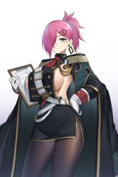 Rule 34 | 1girl, absurdres, aiguillette, azur lane, black cape, black jacket, black pantyhose, black skirt, breasts, cape, clipboard, closed mouth, commentary, cowboy shot, earrings, epaulettes, gloves, green eyes, hair between eyes, hair ornament, hair over one eye, hairclip, hand on own hip, hand up, highres, holding, holding clipboard, jacket, jewelry, large breasts, long hair, long sleeves, looking at viewer, medal, military, military uniform, miniskirt, neckerchief, pantyhose, pencil skirt, pink hair, ponytail, red neckerchief, shidiancijianongpao, sideboob, sidelocks, simple background, skirt, solo, standing, trieste (azur lane), uniform, white background, white gloves