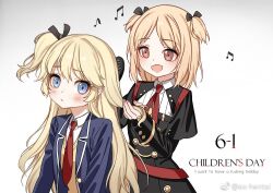 Rule 34 | 2girls, :d, aged down, behind another, black dress, black ribbon, blonde hair, blue eyes, blue jacket, blush, brown eyes, brushing another&#039;s hair, brushing hair, children&#039;s day, closed mouth, commentary request, dated, dress, english text, girls&#039; frontline, haijin, hair ribbon, holding another&#039;s hair, jacket, korean commentary, long hair, medium hair, mp40 (girls&#039; frontline), mp40 (thumbelina) (girls&#039; frontline), multiple girls, musical note, necktie, official alternate costume, one side up, open clothes, open jacket, open mouth, profanity, red necktie, ribbon, shirt, short necktie, simple background, smile, super-shorty (girls&#039; frontline), sweater vest, third-party source, upper body, weibo logo, weibo watermark, white background, white shirt, yellow sweater vest