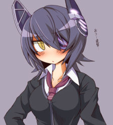 Rule 34 | 10s, 1girl, bad id, bad pixiv id, blush, breasts, eyepatch, headgear, kantai collection, konohana saku, looking at viewer, necktie, open mouth, personification, short hair, solo, tenryuu (kancolle), translation request, yellow eyes