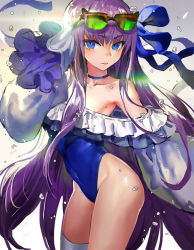 Rule 34 | 1girl, ass, bare shoulders, canking, choker, covered navel, eyewear on head, fate/grand order, fate (series), frills, groin, hair ribbon, leotard, long hair, looking at viewer, meltryllis, meltryllis (fate), meltryllis (swimsuit lancer) (fate), meltryllis (swimsuit lancer) (second ascension) (fate), purple hair, ribbon, sleeves past wrists, solo, sunglasses, very long hair