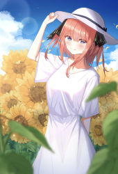 Rule 34 | 1girl, absurdres, arm behind back, arm up, black ribbon, blue eyes, blunt bangs, blush, breasts, butterfly hair ornament, collarbone, dress, field, flower, flower field, go-toubun no hanayome, hair ornament, hat, highres, holding, holding clothes, holding hat, large breasts, looking at viewer, mugi (mugi0016), nakano nino, outdoors, pink hair, raised eyebrows, ribbon, smile, summer, sundress, sunflower, sunflower field, twintails, white dress