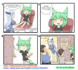 Rule 34 | +++, 2boys, 2girls, 4koma, :d, ^ ^, absurdres, animal ear fluff, animal ears, artist name, bad id, bad pixiv id, black shirt, blue tank top, blush, breasts, brick wall, cat ears, cat girl, cat tail, cleavage, closed eyes, comic, commentary, crotch stomping, dragon girl, dragon horns, dragon tail, english text, engrish text, foot massage, green hair, greenteaneko, greenteaneko-chan, grey shirt, grey shorts, highres, horns, large breasts, long hair, lying, multiple boys, multiple girls, on back, open mouth, original, pointy ears, poster (object), profile, ranguage, seat, shirt, short shorts, short sleeves, shorts, silver hair, sitting, small breasts, smile, sparkle, square 4koma, standing, stomping, tail, tank top, very long hair, watermark, web address, whiskers, yellow eyes, zaisu, | |