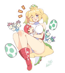 Rule 34 | 1boy, 1girl, ;d, armband, artist name, ass, baby, baby carry, baby mario, blonde hair, blue eyes, blush, boots, breasts, butter-t, carrying, commentary, covered collarbone, crown, dinosaur girl, dinosaur tail, egg, english commentary, eyebrows, facing viewer, flower, full body, gloves, gradient hair, green hair, green tail, hat, high heel boots, high heels, large breasts, leotard, long hair, looking at viewer, mario, mario (series), monster girl, multicolored hair, new super mario bros. u deluxe, nintendo, one eye closed, open mouth, personification, princess yoshi, red footwear, shell, signature, simple background, smile, super crown, tail, turtleneck, twintails, waist cape, white background, white gloves, white leotard, wink, yoshi