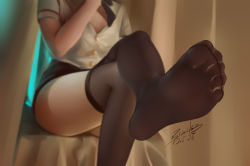Rule 34 | 1girl, absurdres, bad id, bad pixiv id, bed, bed sheet, black skirt, black thighhighs, blurry, blurry background, breasts, buttons, commentary request, crossed legs, curtains, dated, depth of field, feet, foot focus, foreshortening, highres, indoors, legs, lower body, miniskirt, no shoes, on bed, original, ririko (fhnngririko), shirt, short sleeves, signature, sitting, skirt, soles, solo, thighhighs, thighs, toes, white shirt, window