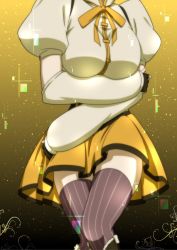 Rule 34 | 10s, 1girl, breasts, detached sleeves, fingerless gloves, gloves, head out of frame, large breasts, magical girl, mahou shoujo madoka magica, mahou shoujo madoka magica (anime), mami mogu mogu, oku no shi, pleated skirt, puffy sleeves, ribbon, shirt, skirt, solo, striped clothes, striped thighhighs, taut clothes, taut shirt, thighhighs, tomoe mami, tomoe mami (magical girl), vertical-striped clothes, vertical-striped thighhighs, zettai ryouiki