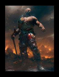 Rule 34 | 1boy, armor, armored boots, bald, beard, blood, boots, closed eyes, facial hair, fire, hammer, legend of the cryptids, male focus, muscular, official art, rock, solo