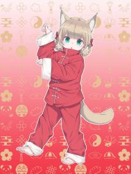 Rule 34 | 40hara, alternate costume, alternate hairstyle, animal ears, aqua eyes, barefoot, bow, cat ears, cat girl, cat tail, chinese clothes, kinako (40hara), original, paw pose, red bow, tail, toes