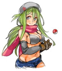 Rule 34 | 1girl, beanie, bikini, bikini top only, black gloves, blush, breasts, bright pupils, cleavage, creatures (company), elbow gloves, game freak, gloves, green hair, groin, hat, large breasts, long hair, low ponytail, navel, nintendo, original, perky breasts, poke ball, pokemon, purple eyes, sachito, scarf, short shorts, shorts, simple background, smile, solo, swimsuit, white background, yunomiya agari