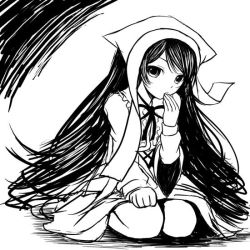 Rule 34 | 00s, 1girl, chiko (kanhogo), collar, covering own mouth, dress, frilled collar, frilled shirt collar, frills, greyscale, hand on leg, lap, long hair, long sleeves, looking at viewer, monochrome, ribbon, rozen maiden, seiza, simple background, sitting, solo, suiseiseki, very long hair, white background