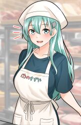 Rule 34 | 1girl, alternate costume, apron, aqua eyes, aqua hair, bandana, blurry, blurry background, blush, bread, breasts, food, furaggu (frag 0416), green shirt, hair ornament, hairclip, highres, indoors, kantai collection, large breasts, long hair, looking at viewer, meat, open mouth, refrigerator, shirt, short sleeves, smile, solo, supermarket, suzuya (kancolle), upper body