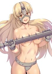 Rule 34 | 1girl, bad id, bad twitter id, blonde hair, convenient censoring, cosplay, covering privates, covering breasts, crying, ereshkigal (fate), fate/grand order, fate (series), gloves, long hair, mace, mask, navel, satou daiji, solo, spartacus (fate), spartacus (fate) (cosplay), tears, topless, very long hair, weapon, yellow eyes