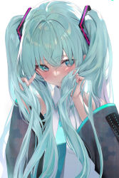 Rule 34 | 1girl, absurdres, aqua eyes, aqua hair, aqua nails, aqua necktie, bare shoulders, black sleeves, blush, breasts, closed mouth, collared shirt, commentary request, crossed bangs, detached sleeves, hair between eyes, hair ornament, hatsune miku, highres, holding, holding own hair, long hair, looking at viewer, medium breasts, necktie, shirt, simple background, sleeveless, sleeveless shirt, solo, toukaiseiya, twintails, upper body, very long hair, vocaloid, white background, white shirt, wide sleeves