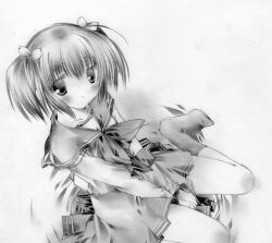 Rule 34 | 00s, 1girl, blush, from above, greyscale, looking at viewer, monochrome, moo (umineko), no shoes, short hair, sitting, skirt, socks, solo, to heart (series), to heart 2, twintails, wariza, white background, yuzuhara konomi